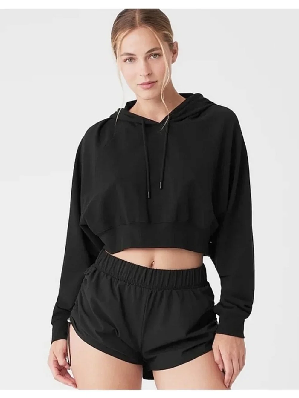 Alo Cropped Double Take Hoodie Black Hooded Hood Pullover Stretchy Sweatshirt S